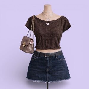 Vintage Y2K Brown Textured Floral Cap Sleeve Top M Boho Chic Classic Cottagecore